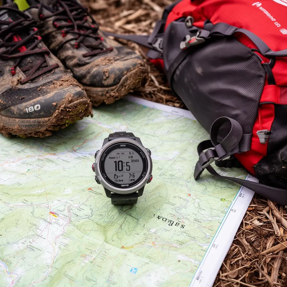 Montre GPS de trail posée sur une carte topographique des Vosges, à côté de chaussures de trail