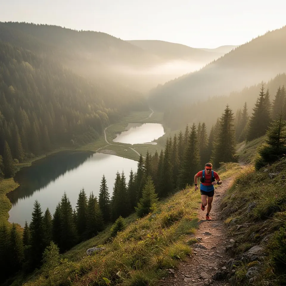 Vallée des Lacs, sentier de trail au-dessus des lacs de Longemer et Retournemer